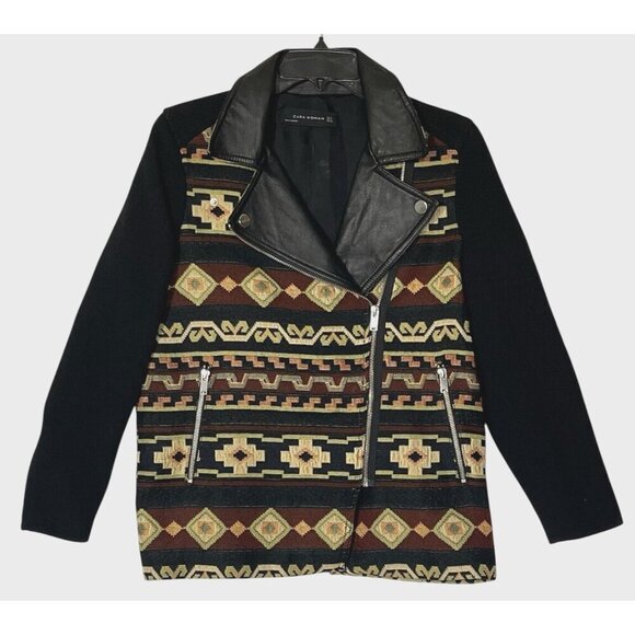 Zara Black Genuine Leather Aztec Southwestern Tapestry Boho Moto Zip Jacket - Picture 1 of 15